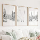 Winter Skiing Black White Wall Art. Ski Lift, Snowy Forest by Wall Art Set