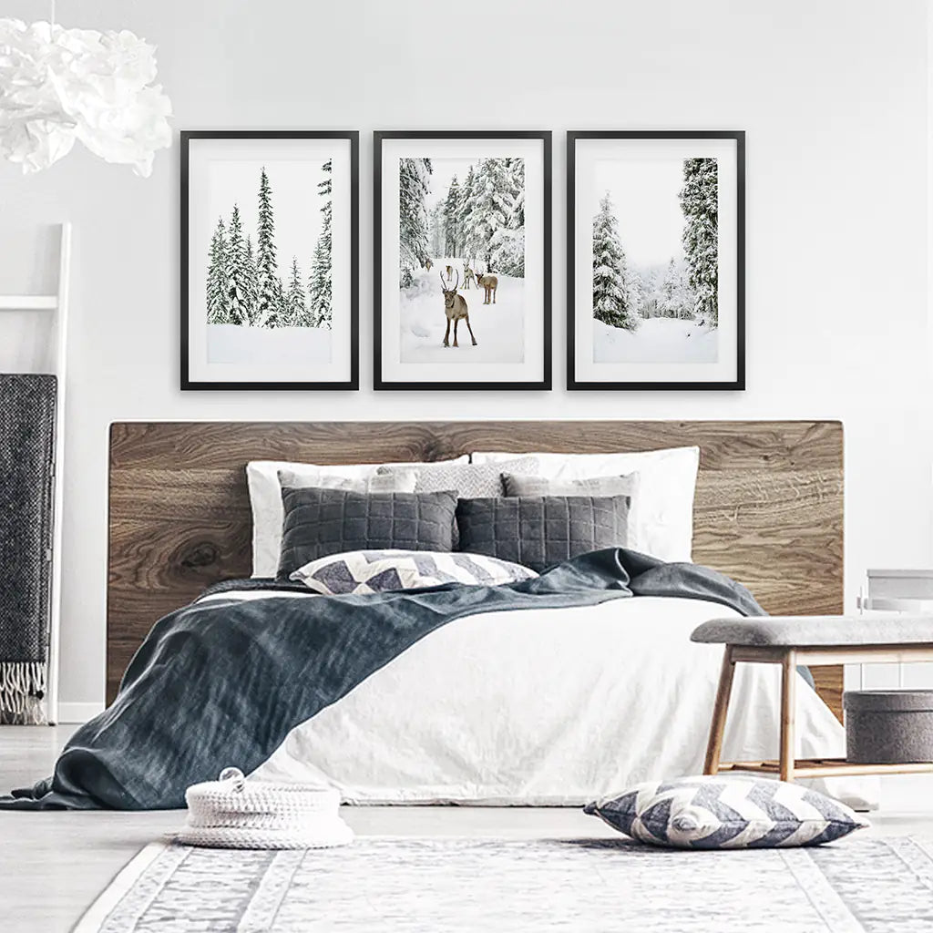 3 Piece Winter Landscape Wall Art. Snowy Pine Forest, Fawn, photo 5 of 13