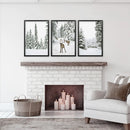 3 Piece Winter Landscape Wall Art. Snowy Pine Forest, Fawn