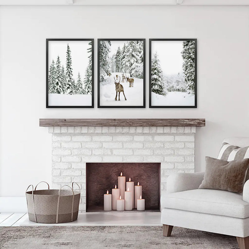 3 Piece Winter Landscape Wall Art. Snowy Pine Forest, Fawn