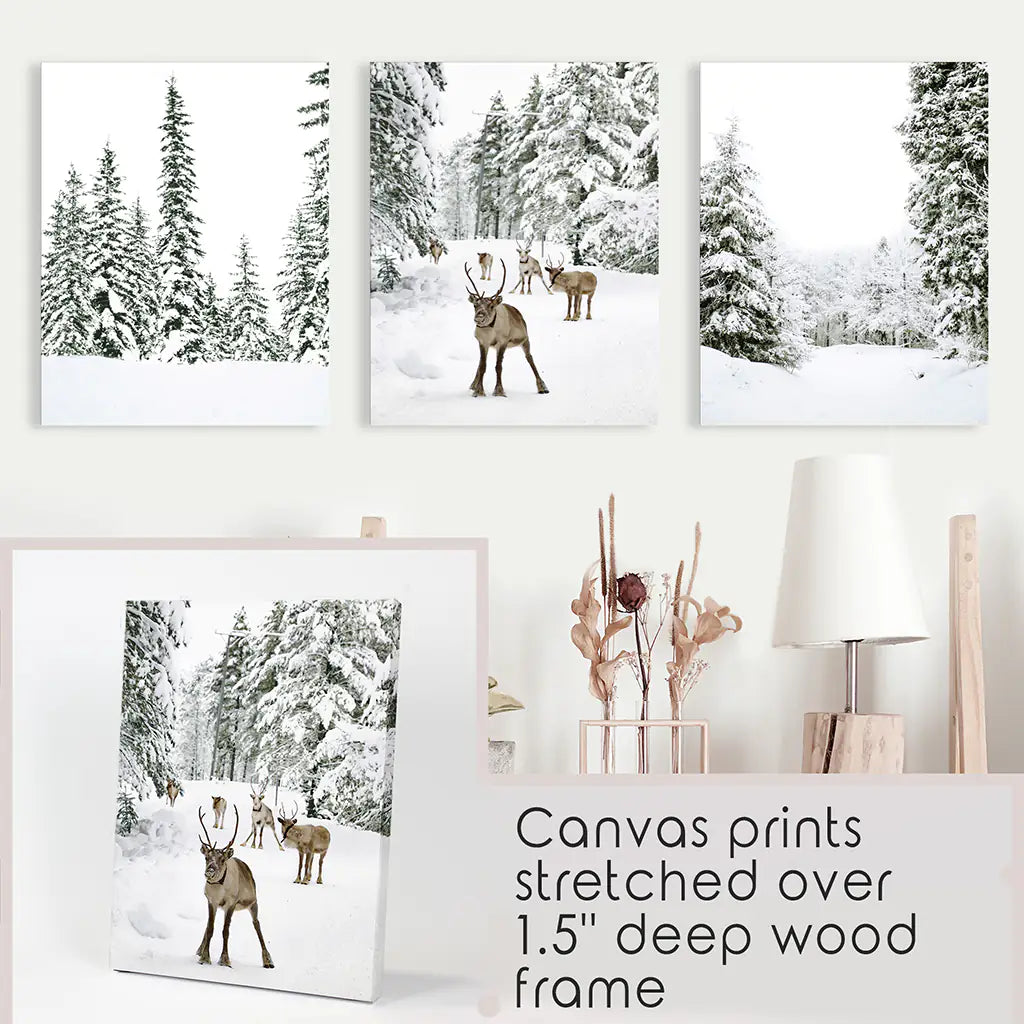3 Piece Winter Landscape Wall Art. Snowy Pine Forest, Fawn, photo 9 of 13