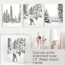 3 Piece Winter Landscape Wall Art. Snowy Pine Forest, Fawn