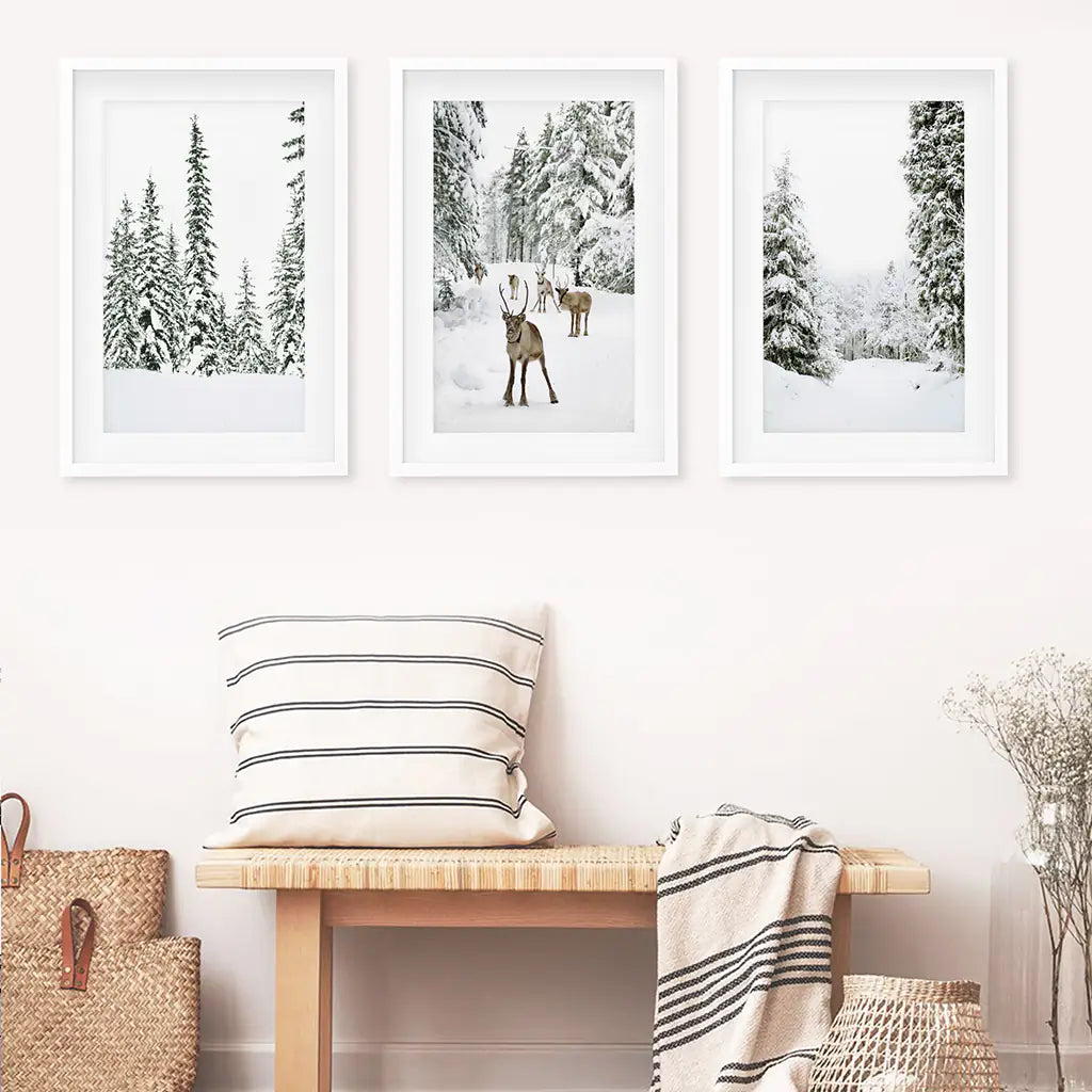 3 Piece Winter Landscape Wall Art. Snowy Pine Forest, Fawn, photo 3 of 13