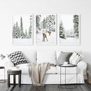 3 Piece Winter Landscape Wall Art. Snowy Pine Forest, Fawn by Wall Art Set
