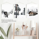 Nordic Winter 3 Piece Photo Set. Pine Forest, Moose, Log Cabin by Wall Art Set