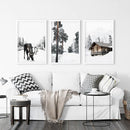 Nordic Winter 3 Piece Photo Set. Pine Forest, Moose, Log Cabin by Wall Art Set