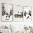 Christmas Mood Set of 3 Prints. Fawn, Log Cabin, Sledding by Wall Art Set