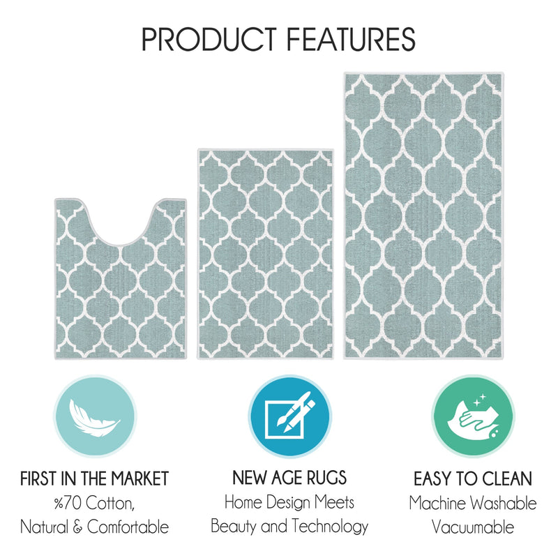 Geometric Design 3 Piece Bathroom Rugs Set | Light Teal