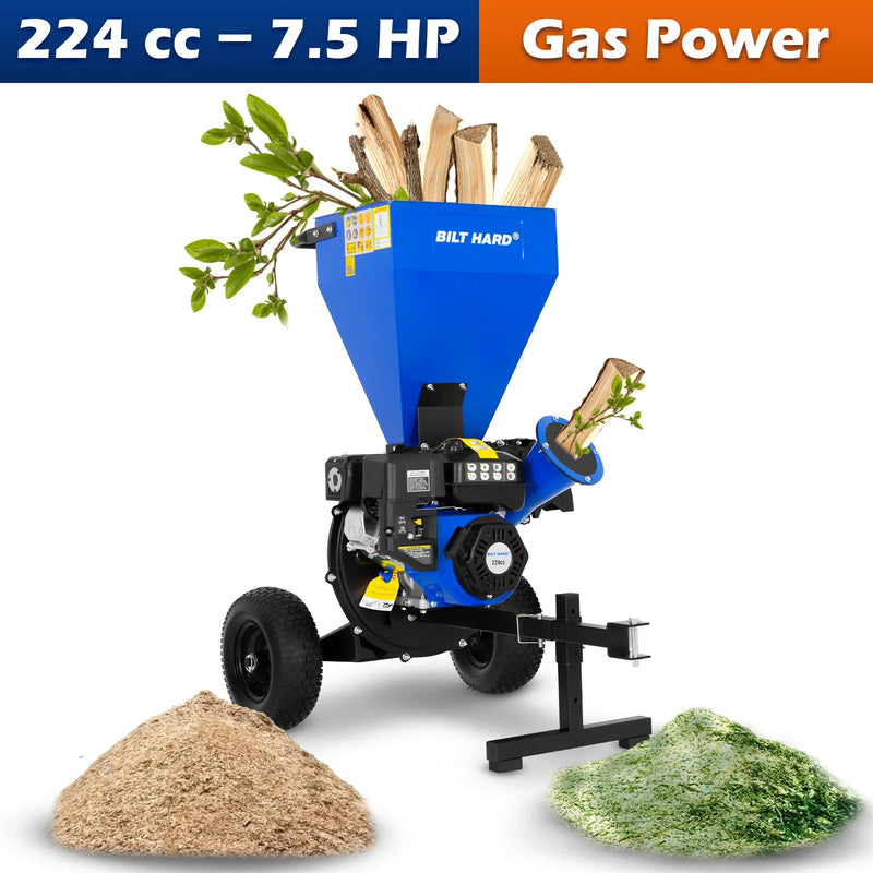 BILT HARD Wood Chipper - 7.5 HP 224cc Gas Powered Shredder Mulcher, 3 in 1 Multi-Function Heavy Duty, 3" Max Wood Diameter Capacity with Collection Bag