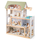 Wooden Dollhouse Kids DIY Pretend Playhouse with 33 PCS Furniture Accessories-Green