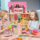 Doll House Playset with 3 Stories and 6 Simulated Rooms and 15 Pieces of Furniture-Pink by LJGDeals