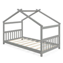 Twin Size Wooden House Bed with Roof-Gray