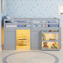 Wooden Low Kids Loft Bed with LED Lights and 2 Doors