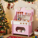 Wooden Play Kitchen for Kids Pretend Play Toy Kitchen Set with Clock Gift for Boys and Girls 3 +Pink