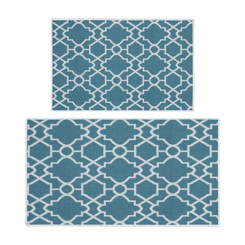 Geometric Graphic Design Non Skid Washable Kitchen Runner Rugs Set of 2| 44 x 24 and 31.5 x 20 Inches Floor Mats |Teal