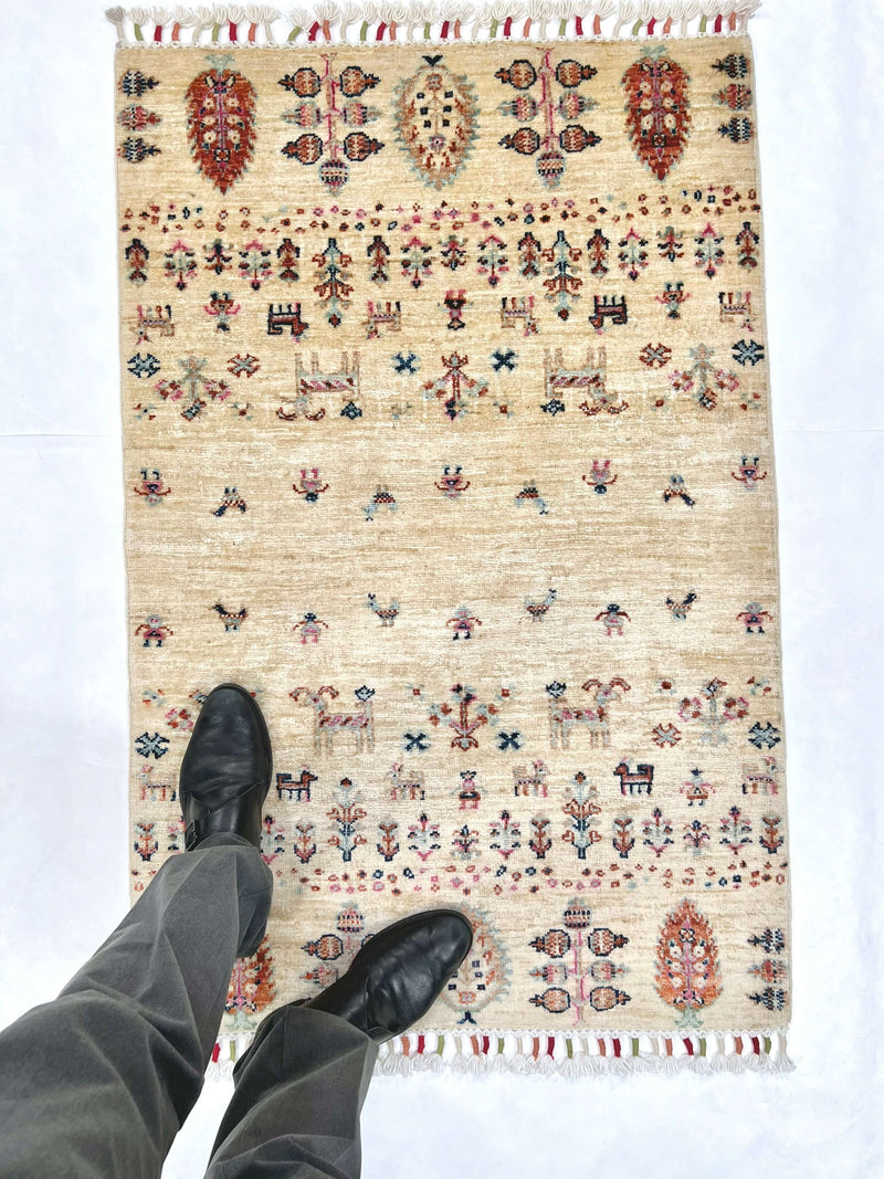 Afghan Gabbeh (2'08"x4'00") ivory/pastel, photo 6 of 6