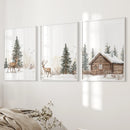 Deer and Cabin Winter 3 Piece Wall Art. Rustic Nordic Prints by Wall Art Set