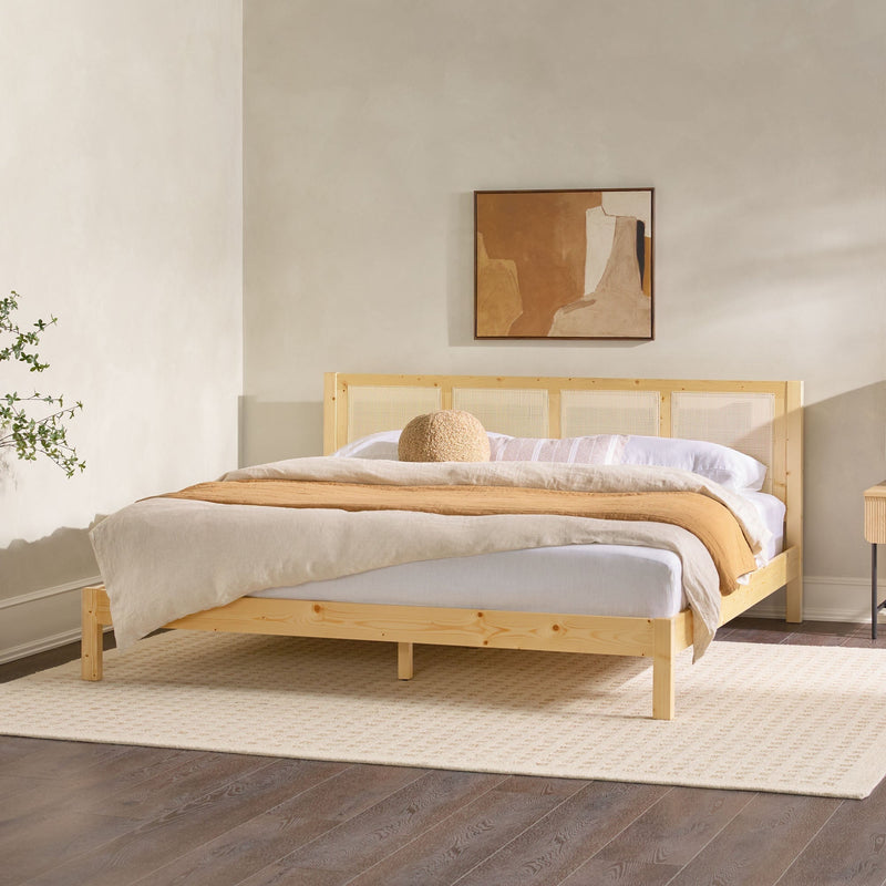 Yasmina Solid Wood Rattan Paneled Platform Bed (Queen or King)