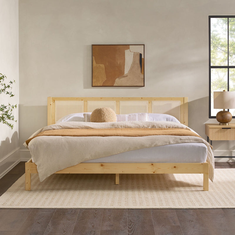 Yasmina Solid Wood Rattan Paneled Platform Bed (Queen or King)