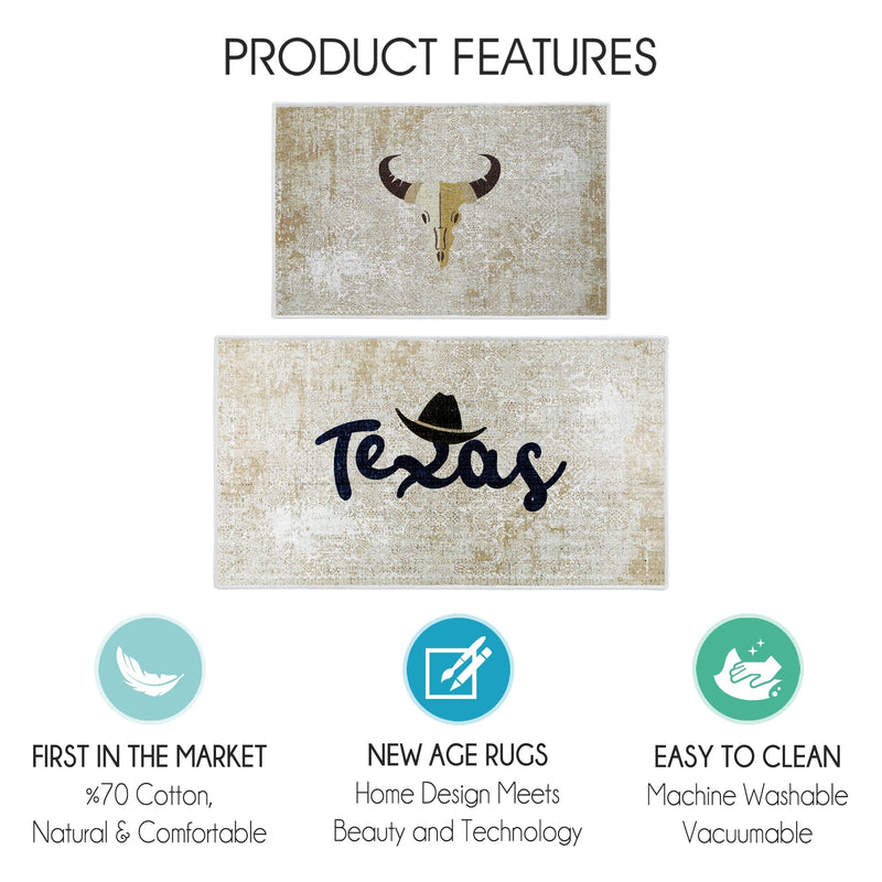US States Texas Design Non Skid Washable Kitchen Runner Rugs Set of 2| 44 x 24 and 31.5 x 20 Inches Floor Mats |Beige