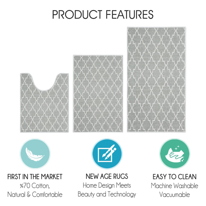 Geometric Design 3 Piece Bathroom Rugs Set |Gray
