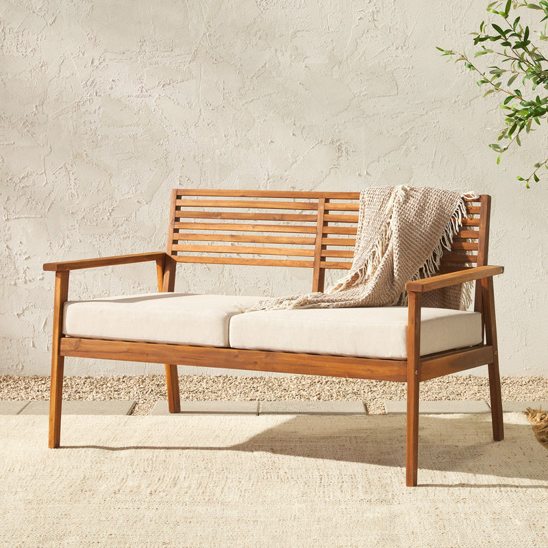 Zander Mid-Century Modern Acacia Outdoor Slat-Back Loveseat