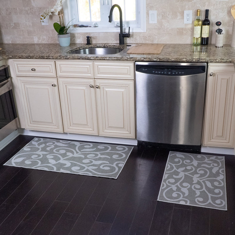 Floral Design Non Skid Washable Kitchen Runner Rugs Set of 2| 44 x 24 and 31.5 x 20 Inches Floor Mats |Gray