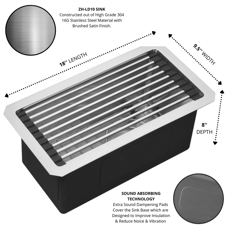 Zeek 10 x 18 Inch Undermount / Drop-In Workstation Bar Sink 16G Stainless Steel 10" ZH-LD10