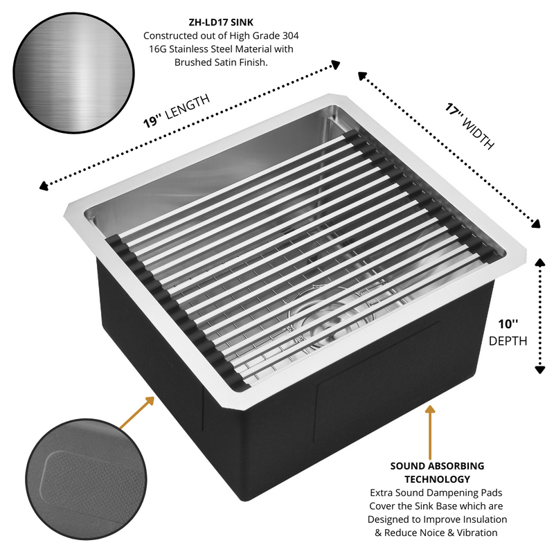 Zeek 17 x 19 Inch Undermount / Drop-In Workstation Sink for Small Kitchen or Wet Bar 16G Stainless Steel ZH-LD17