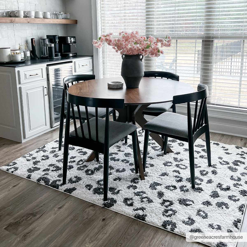 Zhen Black Spots White Leopard Shag Rug