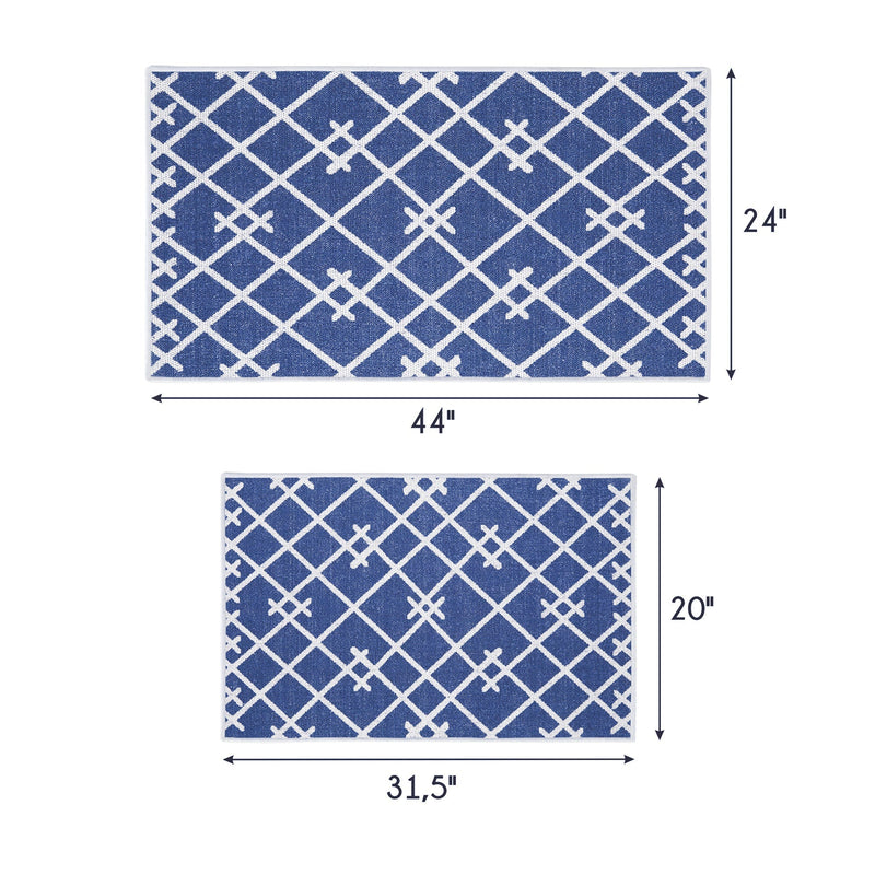 Geometric Design Non Skid Washable Kitchen Runner Rugs Set of 2| 44 x 24 and 31.5 x 20 Inches Floor Mats |Navy
