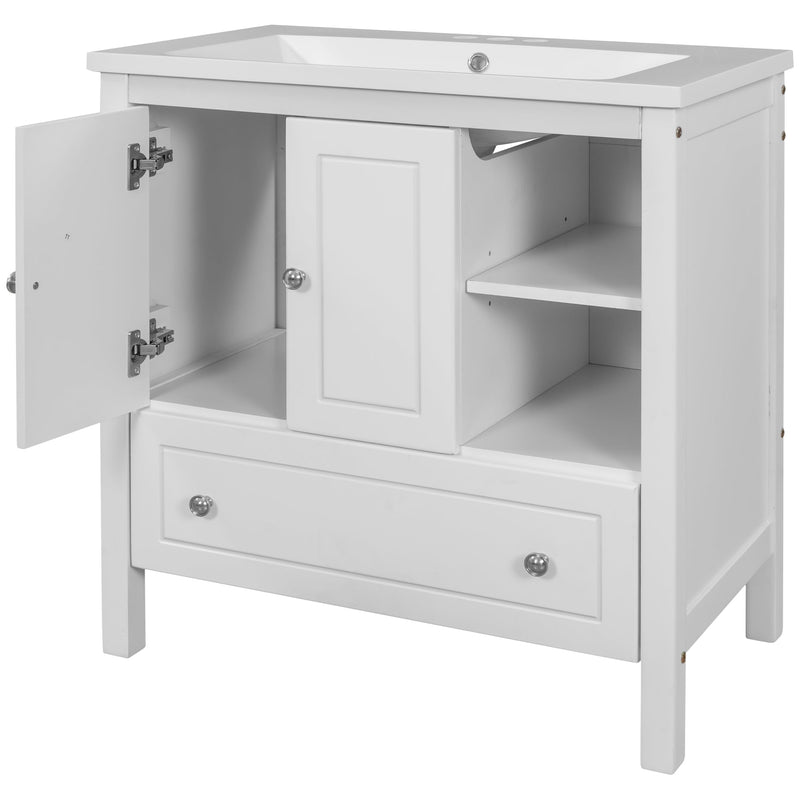 30" Bathroom Vanity with Sink, Bathroom Storage Cabinet with Doors and Drawers, Solid Wood Frame, Ceramic Sink, White
