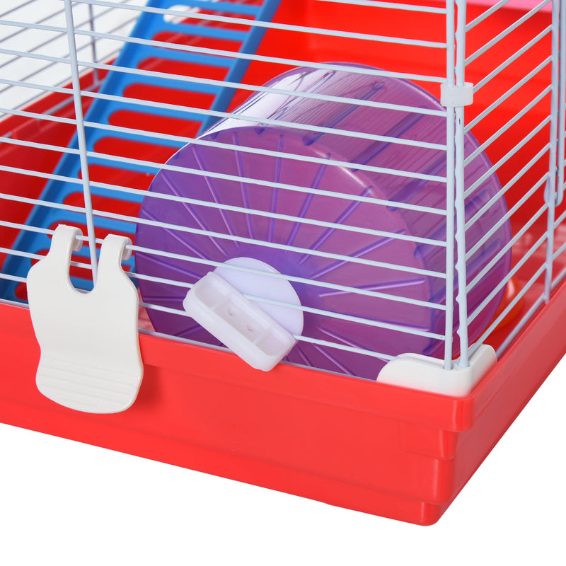 18.5" Hamster Cage with Exercise Wheel and Water Bottle, Dish, Rat House and Habitat 2-Story Design, Red