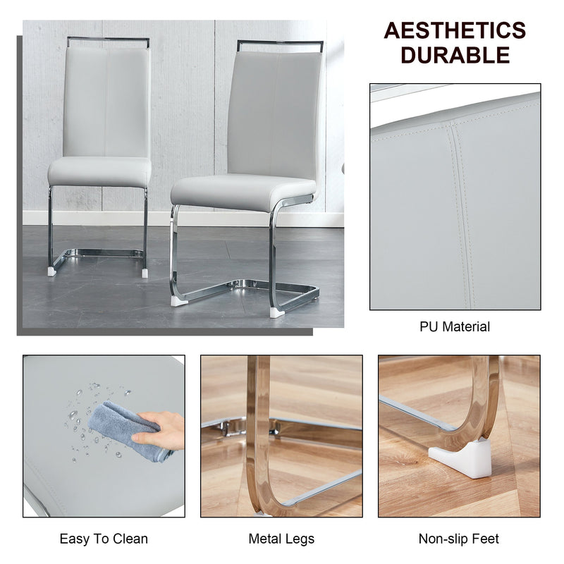 A simple dining table. A dining table with a white marble pattern. 4 PU synthetic leather high backrest cushioned side chairs with C-shaped silver metal legs. DT-SQ-16090-wh