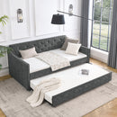 Twin Upholstered Daybed With Trundle, Waved Arms - Gray