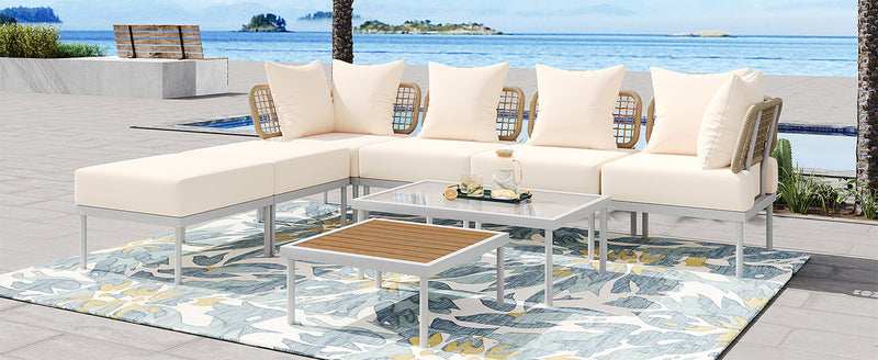 Walker Edison - 8-Piece Patio Sectional Sofa Set with Tempered Glass Coffee Table and Wooden Coffee Table for Outdoor Oasis, Garden, Patio and Poolside (Beige Cushion + White Steel)