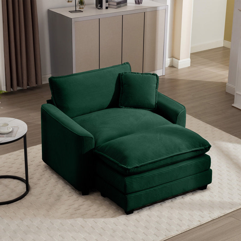 Classic Modern Comfortable Single Chair Deep Seat Sofa with Footstool, Green Corduroy Fabric, Living Room & Bedroom