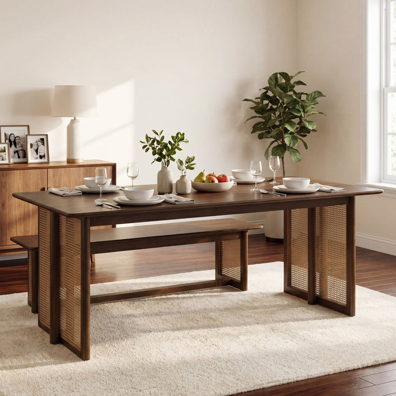Walnut-Colored Rubber Wood Dining Table with Rattan Accents, photo 2 of 9