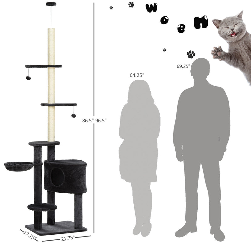 Adjustable Height Floor-To-Ceiling Vertical Cat Tree with Carpet Platforms, Condo & Rope Scratching Areas, Dark Grey