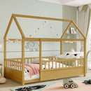 Twin Size Floor Wooden Bed with House Roof Frame