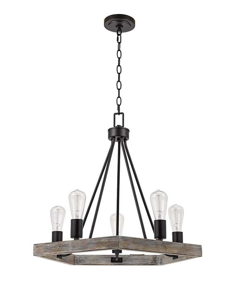 Catalina 24"W 5-Light Country Rustic Pentagon Tray Chandelier, Faux Wood Finish with Matte Black Accents