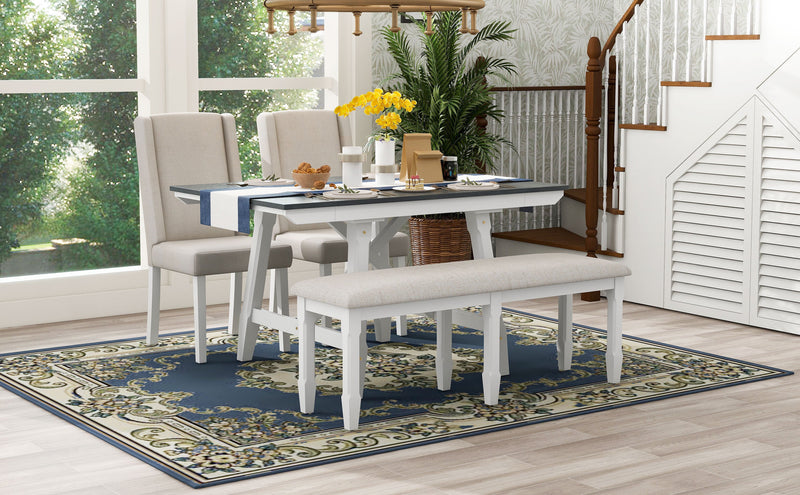 6-Piece Classic Dining Table Set, Rectangular Extendable Dining Table with two 12"W Removable Leaves and 4 Upholstered Chairs & 1 Bench for Dining Room (Gray+White)