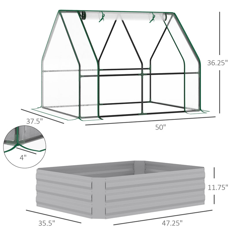 4' x 3' Galvanized Raised Garden Bed with Mini PVC Greenhouse Cover, Outdoor Metal Planter Box with 2 Roll-Up Windows for Growing Flowers, Fruits, Vegetables and Herbs, Clear
