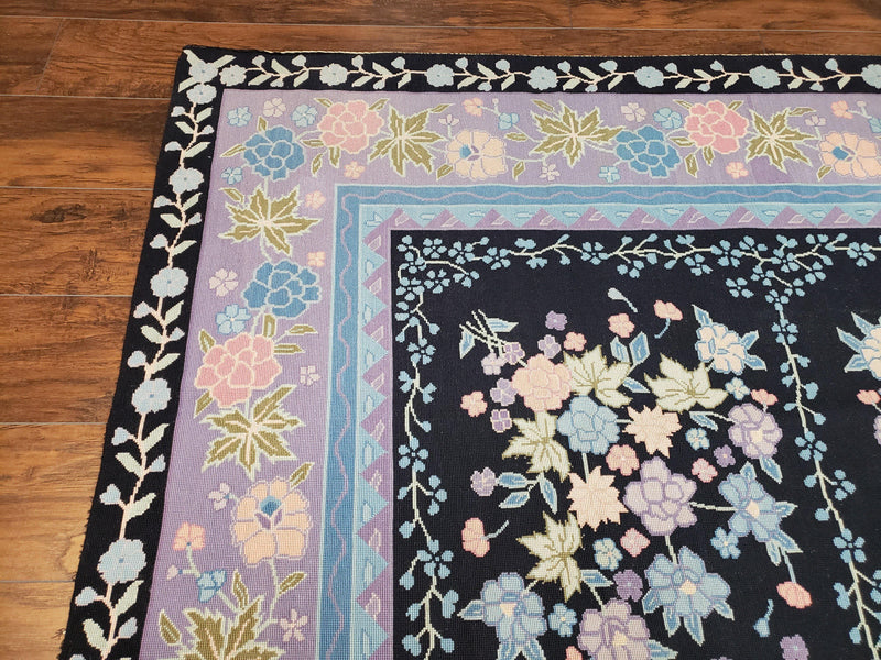Chinese Needlepoint Rug 8 x 11.4, Hand-Woven Area Carpet, Flatweave Rug, Black Blue Light Violet Floral Garden European Design Wool Aubusson