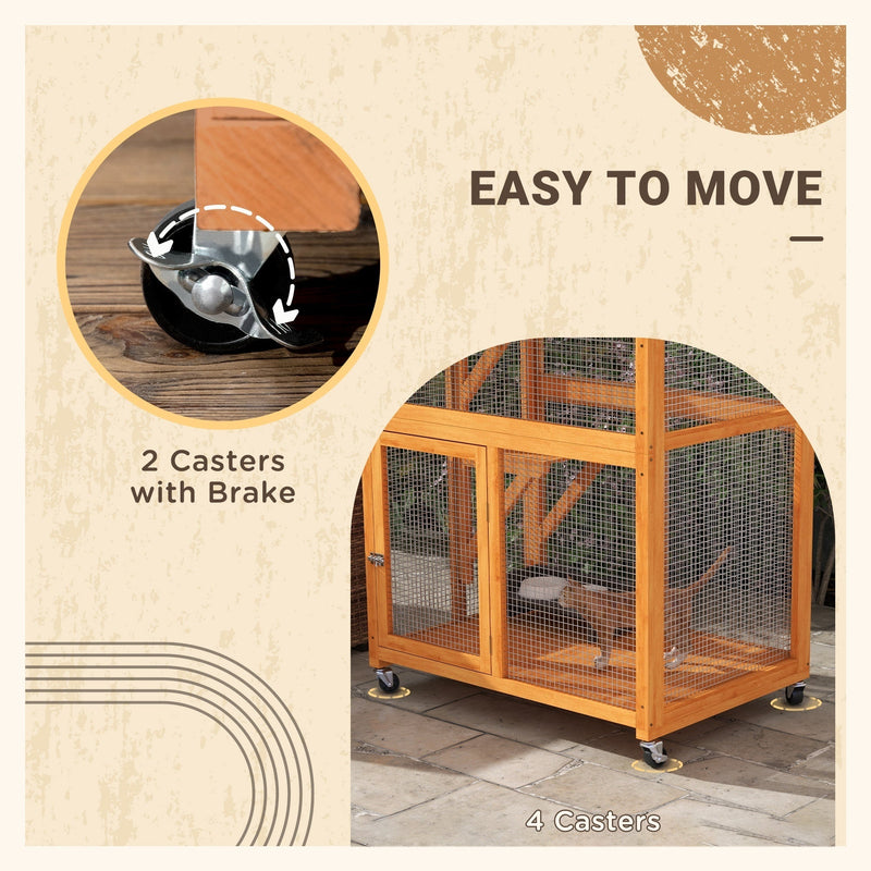 74" Wooden Outdoor Cat House Weatherproof & Wheeled, Catio Outdoor Cat Enclosure with High Weight Capacity, Kitten Cage Condo, Orange