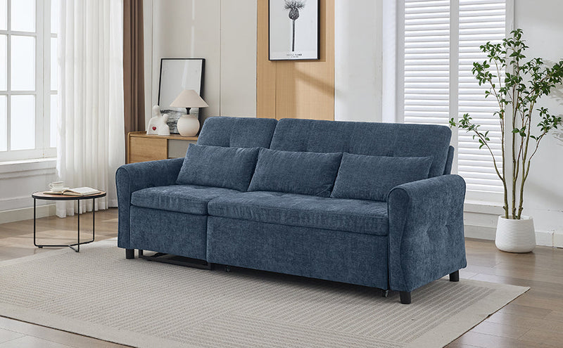 2-in-1 Sofa 82' Three-seater Sofa with Sofa Bed and Reversible Recliner, Blue Chenille
