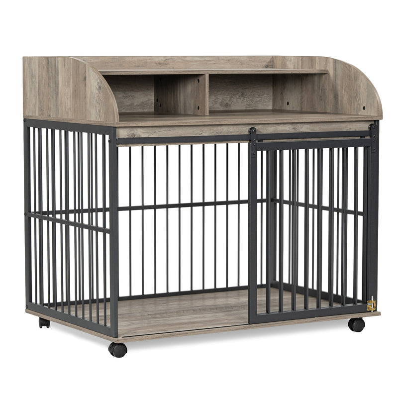 44" Heavy Duty Large Dog Crate Furniture for Large Medium Dog with Lockable Wheels, Wooden Dog Crate Dog Kennel, End Table Crate with Double layer storage, Gray