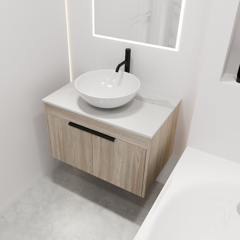 30" Modern Design Float Bathroom Vanity With Ceramic Basin Set, Wall Mounted White Oak Vanity With Soft Close Door, KD-PackingD-Packing Pieces