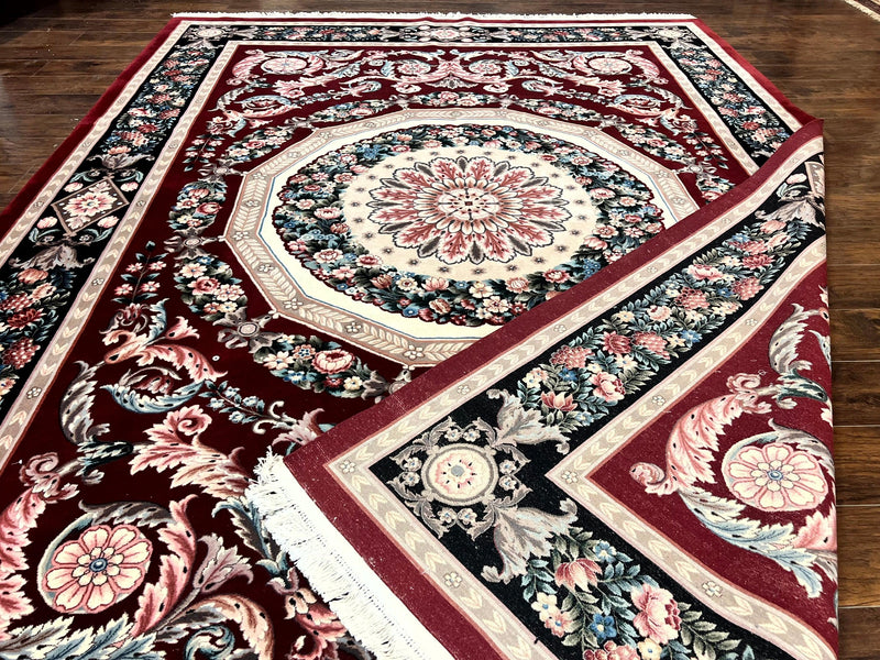 Chinese Aubusson Rug 9x12, Burgundy, Handmade Vintage Wool Carpet, Fine 210 KPSI, Elegant European Design