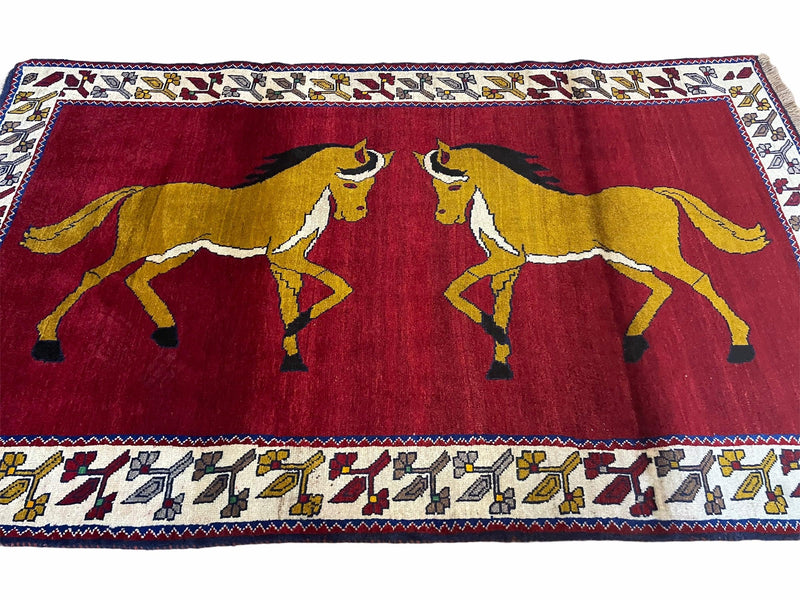 4 X 7 Handmade Hand-Knotted Quality Wool Rug Horses Zagros Red Mustard Gold New